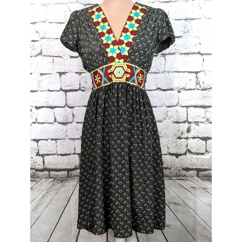 COREY LYNN CALTER 100% Silk Embroidered Tie-Back Dress Cottage Twee Boho Size 4